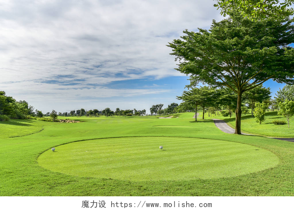 绿色草地高尔夫球场高尔夫球场上绿草和沙银行家的美丽绿色景观